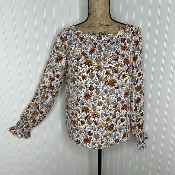 Loft Outlet Floral Blouse Sz S Elastic Cuff Fall Peasant Prairie Cottagecore - Picture 13 of 13